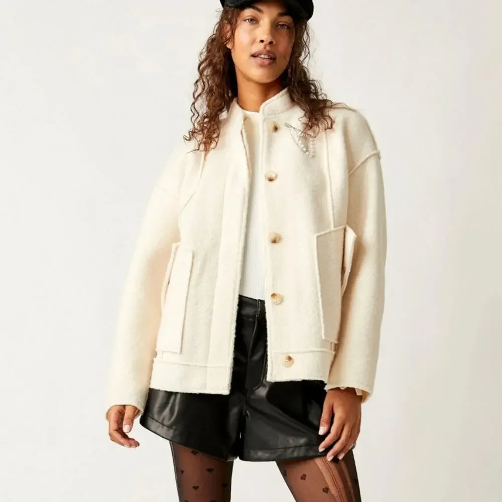 Free People NWT Ivory Willow Brooch Embellished Bomber Jacket Medium